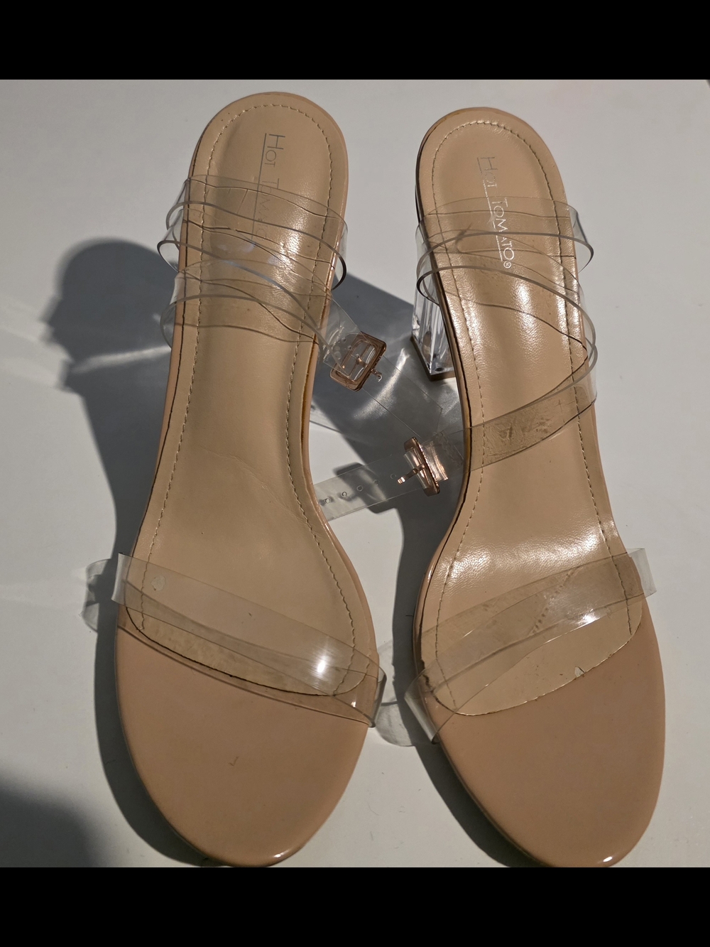 Clear Strap Nude Block Heel Sandals